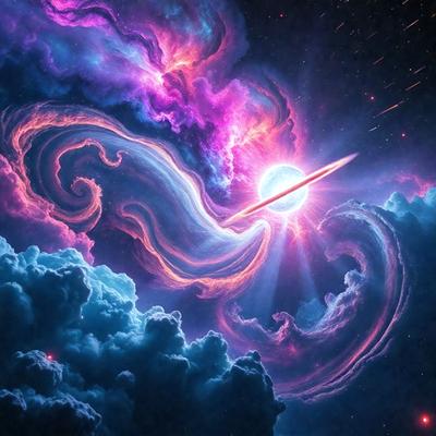 The primary subject of the image is a purple and blue swirling cloud with a bright light in the center. The setting is a space environment, with the cloud surrounded by a dark background. The visual style is a digital art or illustration, creating a vibrant and dynamic scene. The dominant colors are purple and blue, giving the image a calming and serene atmosphere.